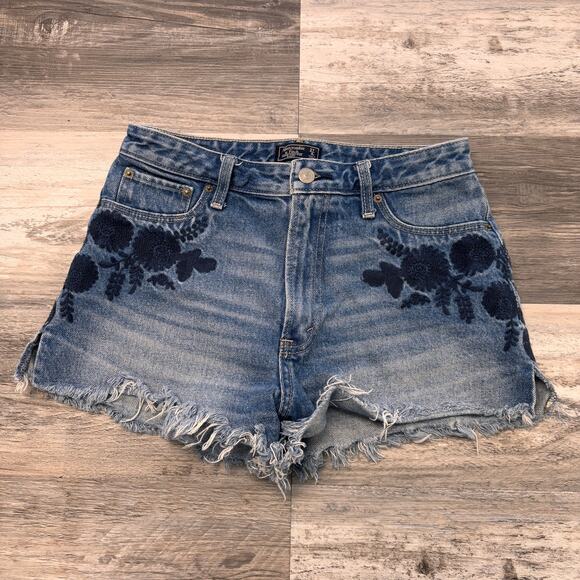 Abercrombie Fitch Shorts Annie Blue Women 27 High Rise‎ Floral Embroidered  4R - Picture 1 of 8